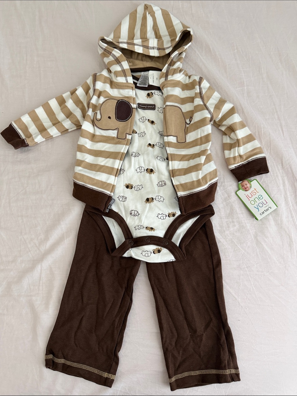 Carter's Brown & Cream Striped Elephant Hooded 3 Piece Set